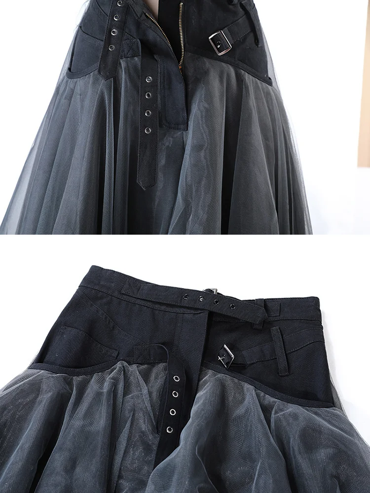 VGH Patchwork Belt Mesh Skirts For Women High Waist Solid Temperament Long Skirt Female 2024 Summer Fashion Clothing New Style