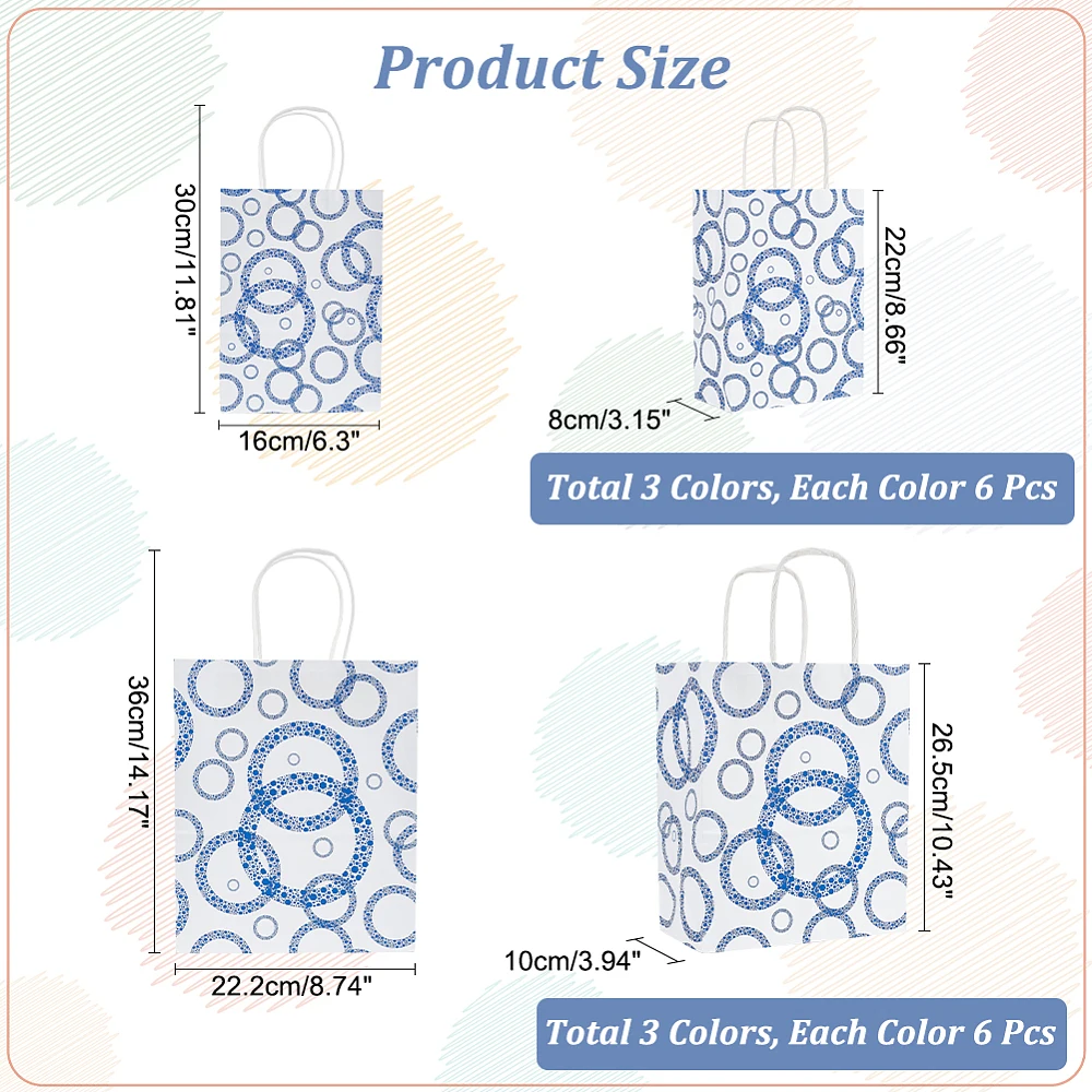 36 Pcs 2 Sizes Paper Gift Bags Mixed Colors Pattern Party Favor Kraft Paper Bags Kraft Treat Bags with Handle for Business