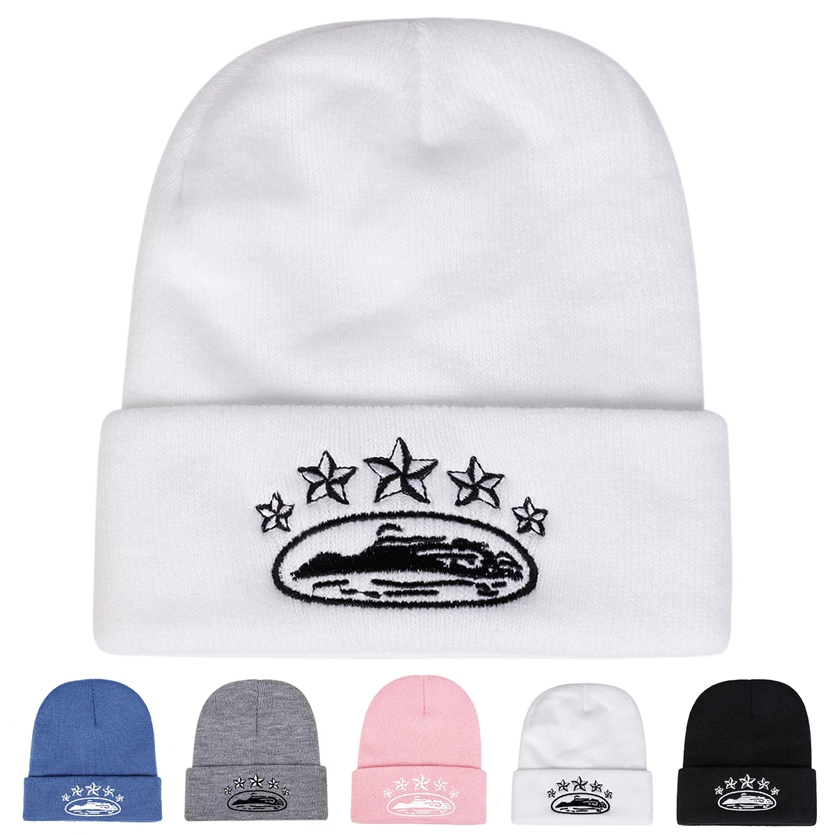 Unisex Five-pointed Star Embroidery Beanies Autumn Winter Warm Beanie Hat Caps for Women Men