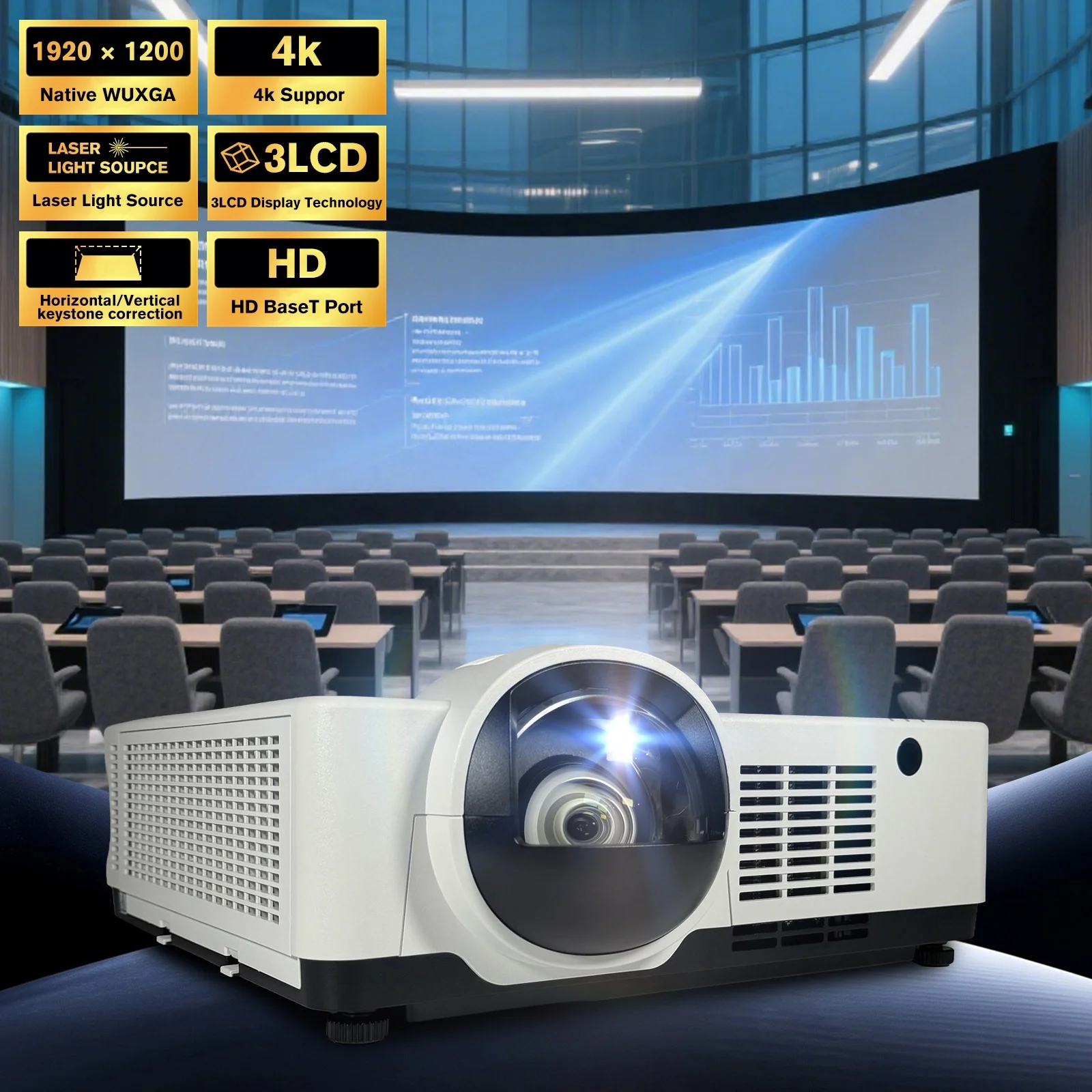 SMX 6,500 Lumen High Brightness 4K Enhancement Home Projector Laser Projector With Short Throw Lens