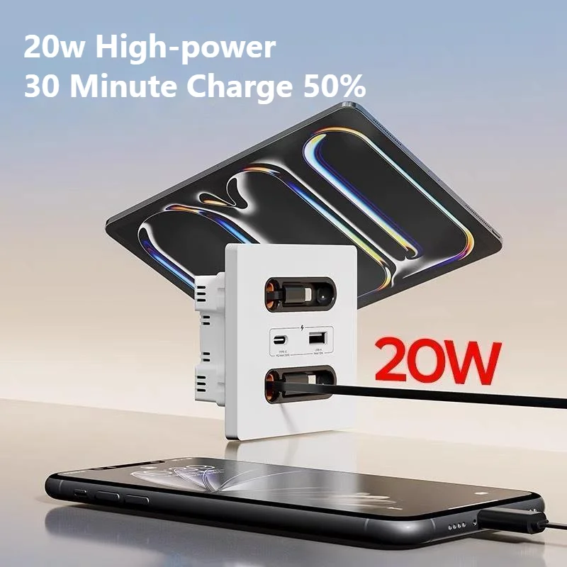 86 Type GaN 20W USB Type-c Fast Charging Socket Panel With Retractable Wire Data Cable Household Multi-Function Charging Sockets