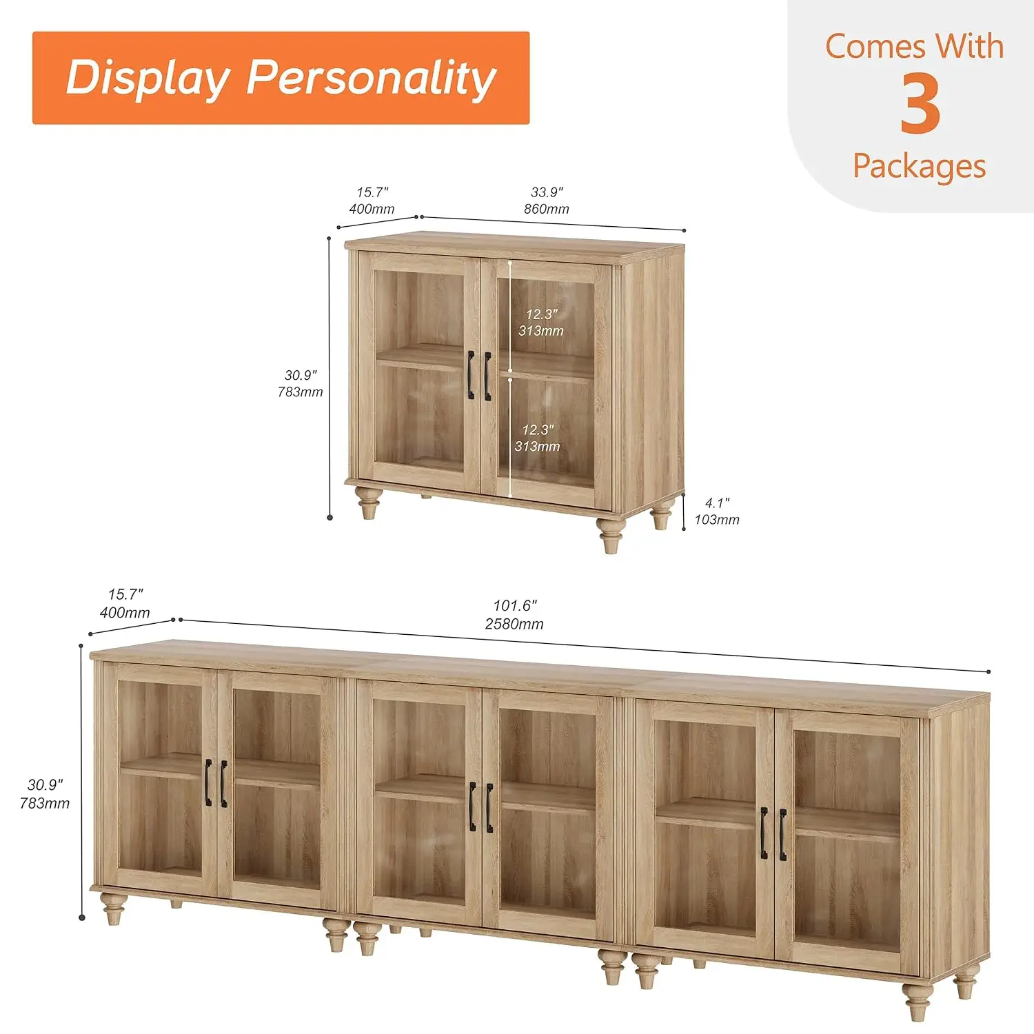 100 Inch TV Stand Glass Door Wood Entertainment Center 75-85 Inch TV Buffet Cabinet 6 Storage Dining Living Room, Customized