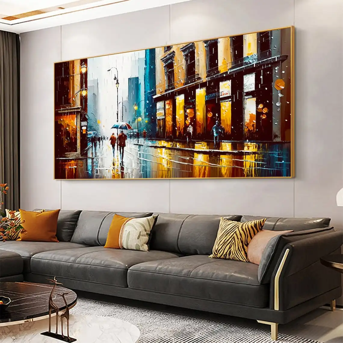 Abstract Urban Rain Landscape Oil Painting On Canvas Decor Cityscape Hand Painted Painting Large Wall Art Living Room Home Decor