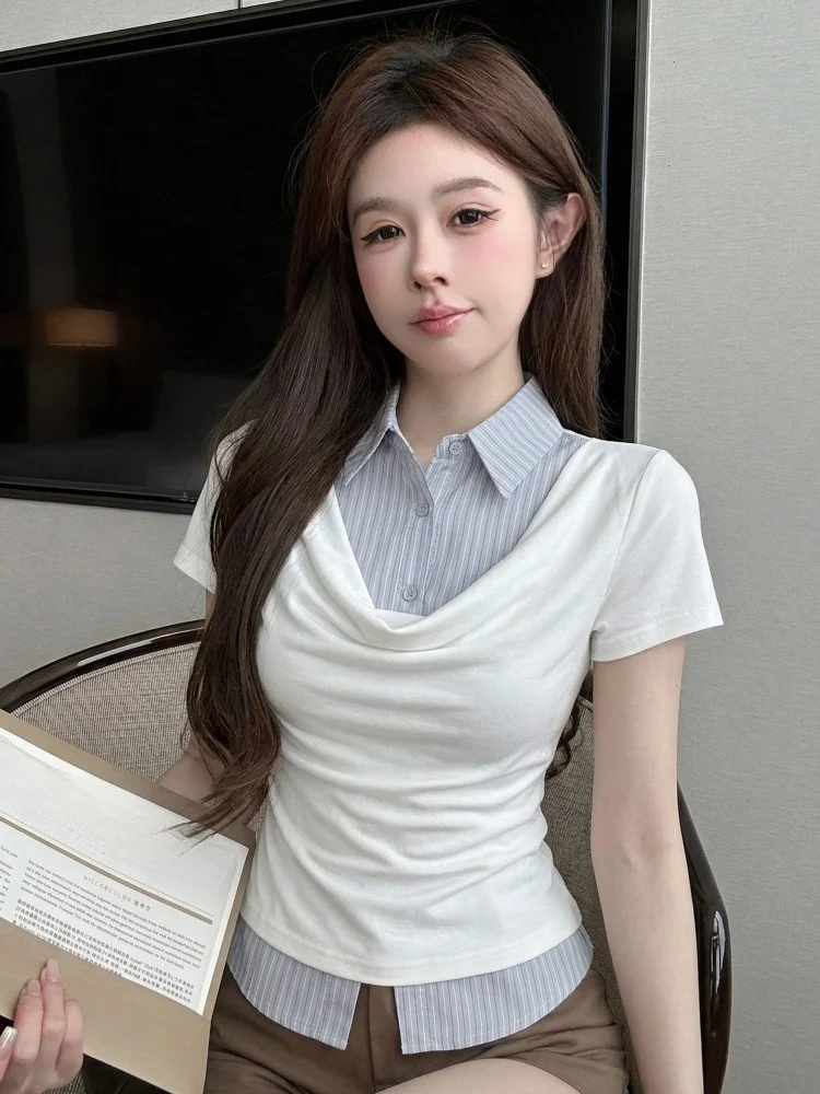 

Korean Style Fake Two-Piece Shirt Patchwork Fashion Short Sleeve Slimming Pure Desire Design Base Shirt City Walk Summer
