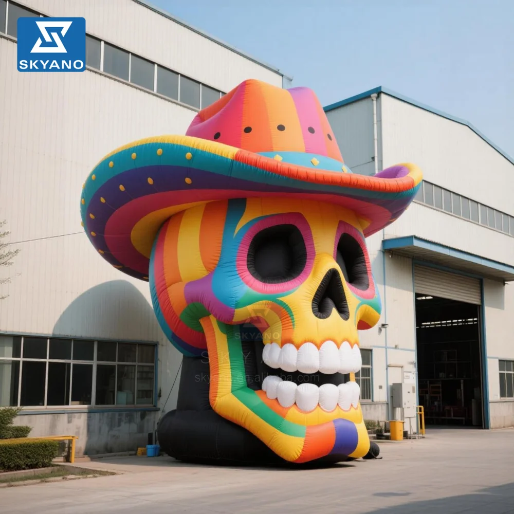 Inflatable Skeleton Head an Inflatable Skeleton Head Wearing a Cowboy Hat Suitable for Halloween Parade Activities