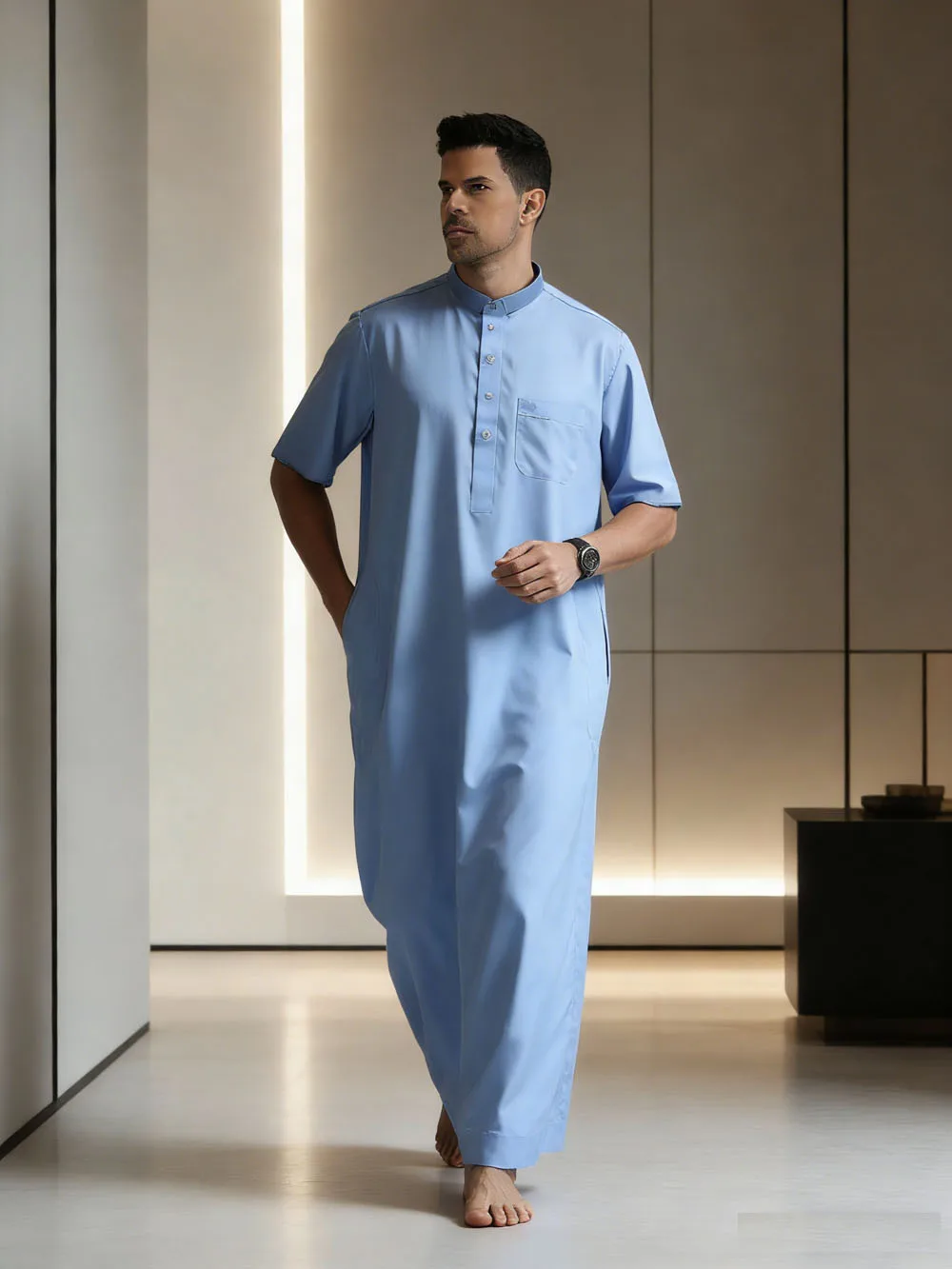 

Мужская абайя с коротким рукавом, джубба, тобе, кафтан, мусульманское платье с воротником-стойкой, саудовская дидаша, исламская одежда, традиционная молитвенная одежда