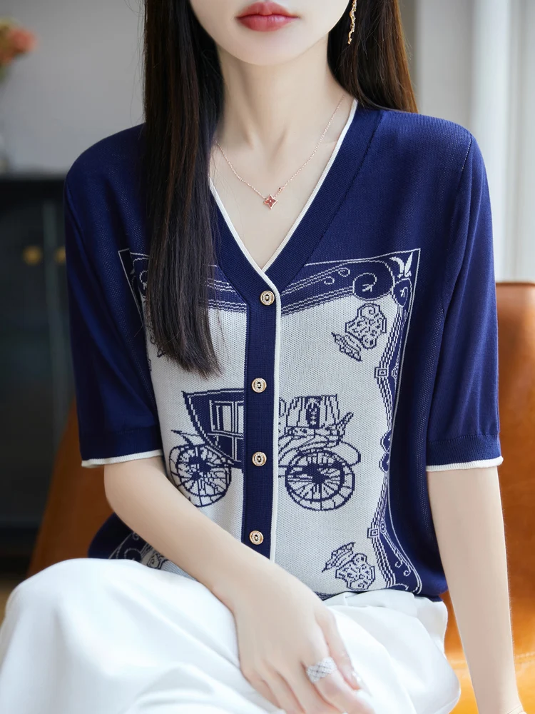 Nueva camiseta de moda de verano para mujer, Jersey fino y suave de punto para mujer, ropa de Lyocell de media manga, camisetas informales, blusas suaves