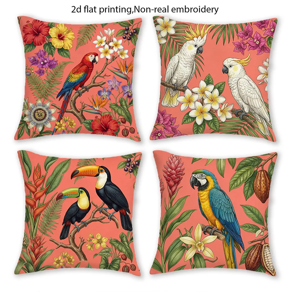 1/4pcs Tropical Toucan Floral Throw Pillow Cover, Vintage Botanical Rainforest Decorative Pillow Case for Couch Bedroom