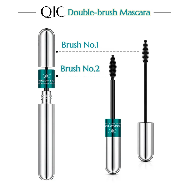 QIC Double Effect 4D Mascara 2 Brush Heads Waterproof & Long Curl Natural Thick Eyelash 2in1 Eye Black Mascara