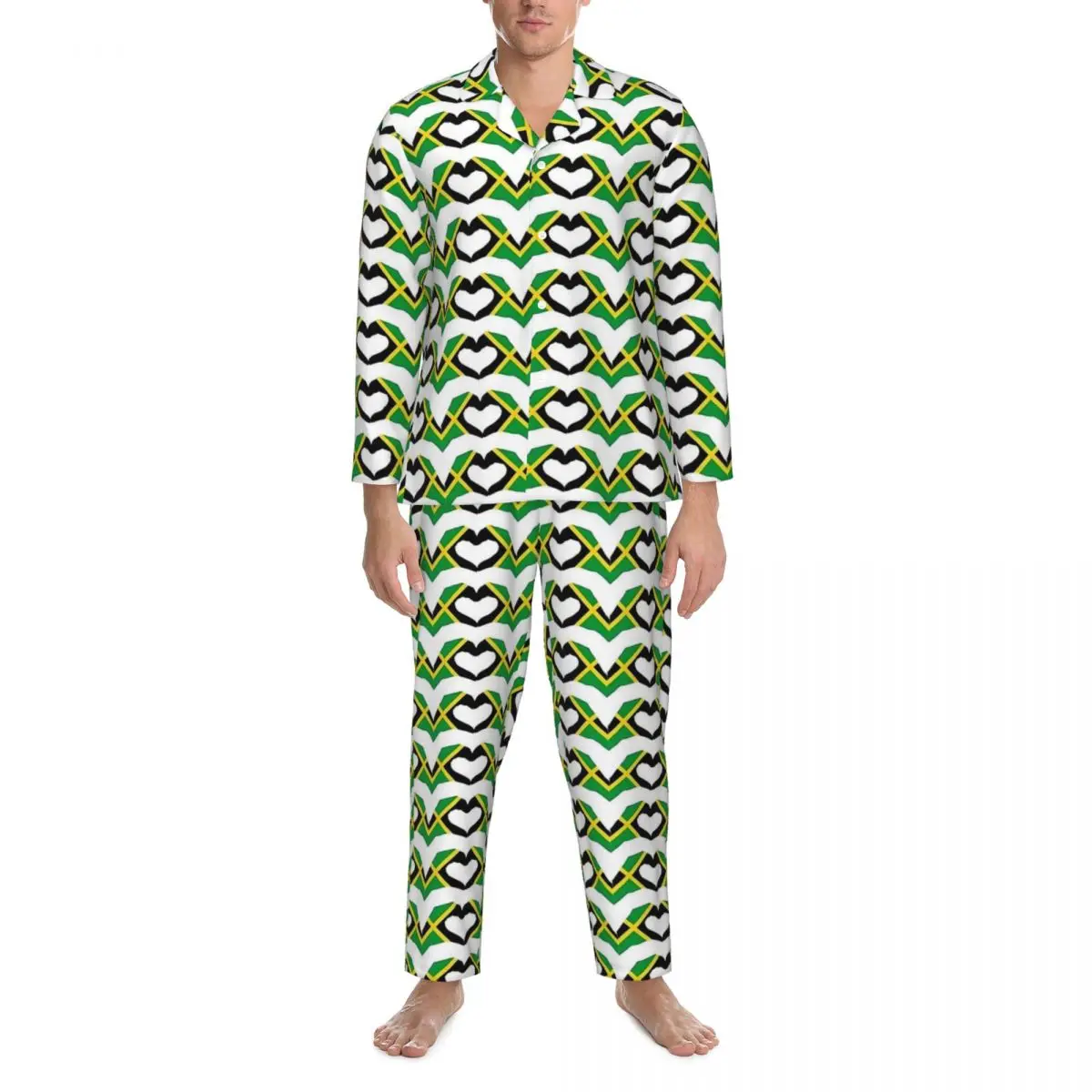 Bandeira jamaicana pijamas masculino coração jamaica patriota bandeira na moda quarto pijamas outono 2 peça casual conjuntos de pijama gráfico de grandes dimensões