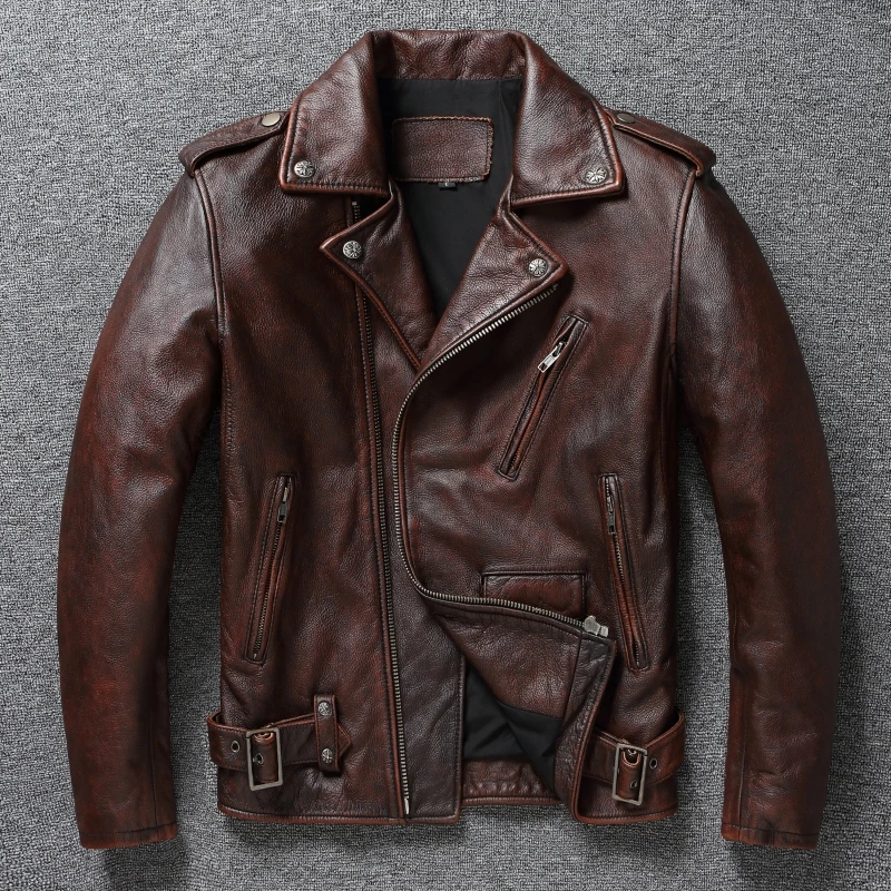 

Autumn Vintage Do Old First Layer Cowhide Man Bike Jacket Leather Men Slim Short Heavy Motorcycle Jackets