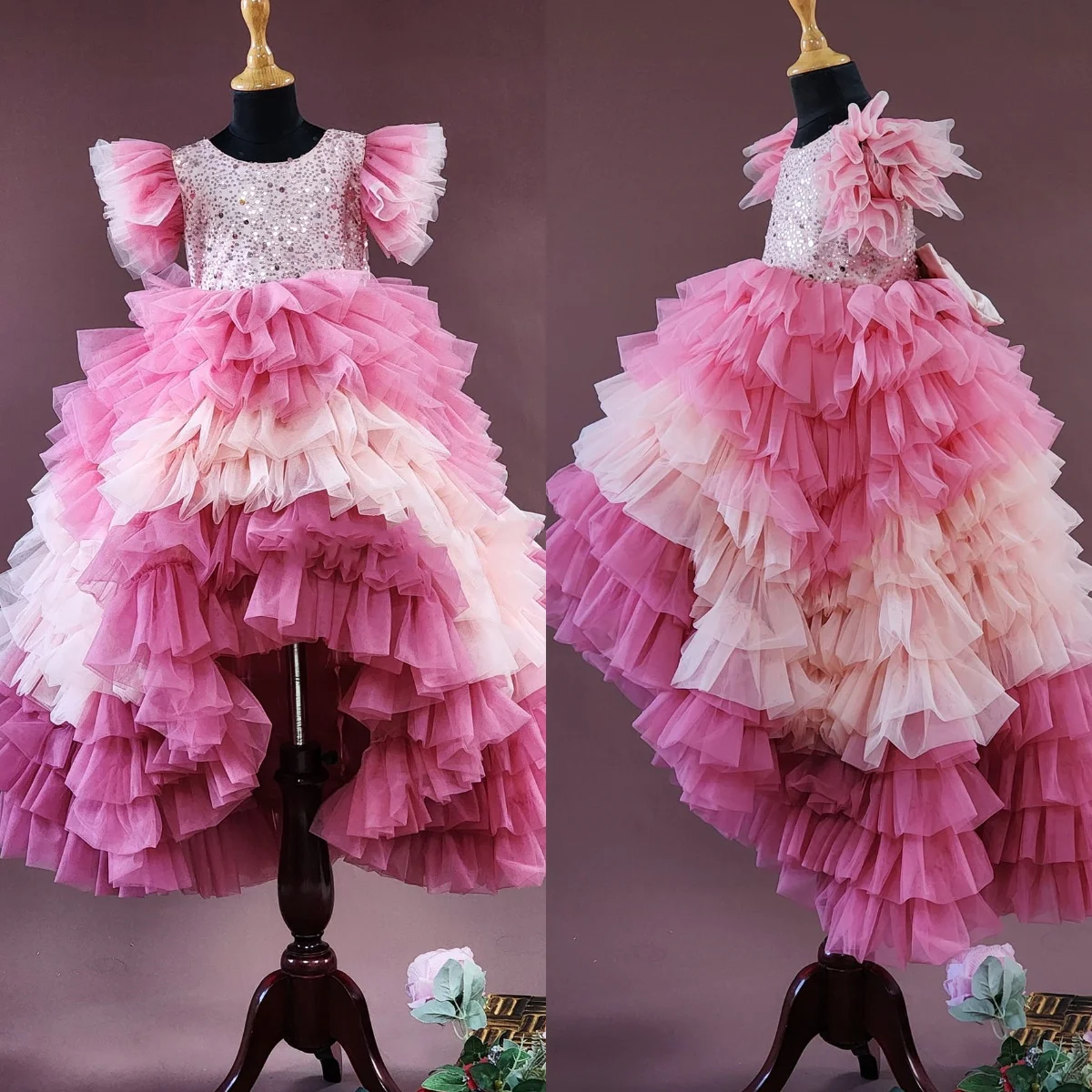 Ombre Pink Girls Birthday Party Dresses Customized Ruffles Sequined Flower Girl Dresses for Wedding Baby Girl's Photoshoot Gowns