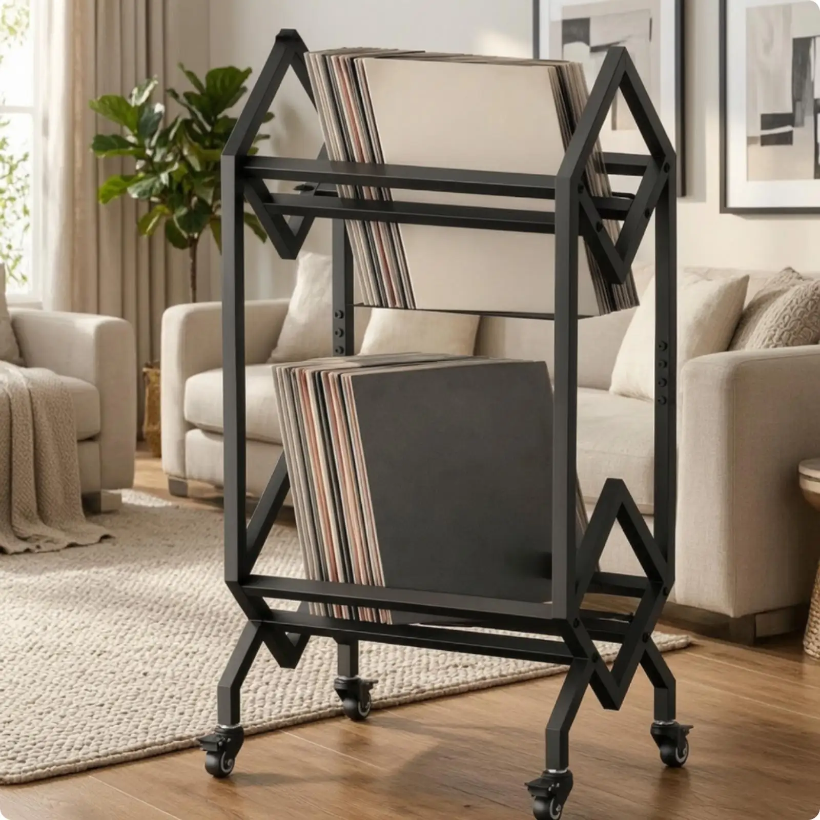 Freestanding Industrial Record Rack with Multiple Levels for Living Room Study Bedroom Media Display Shelf