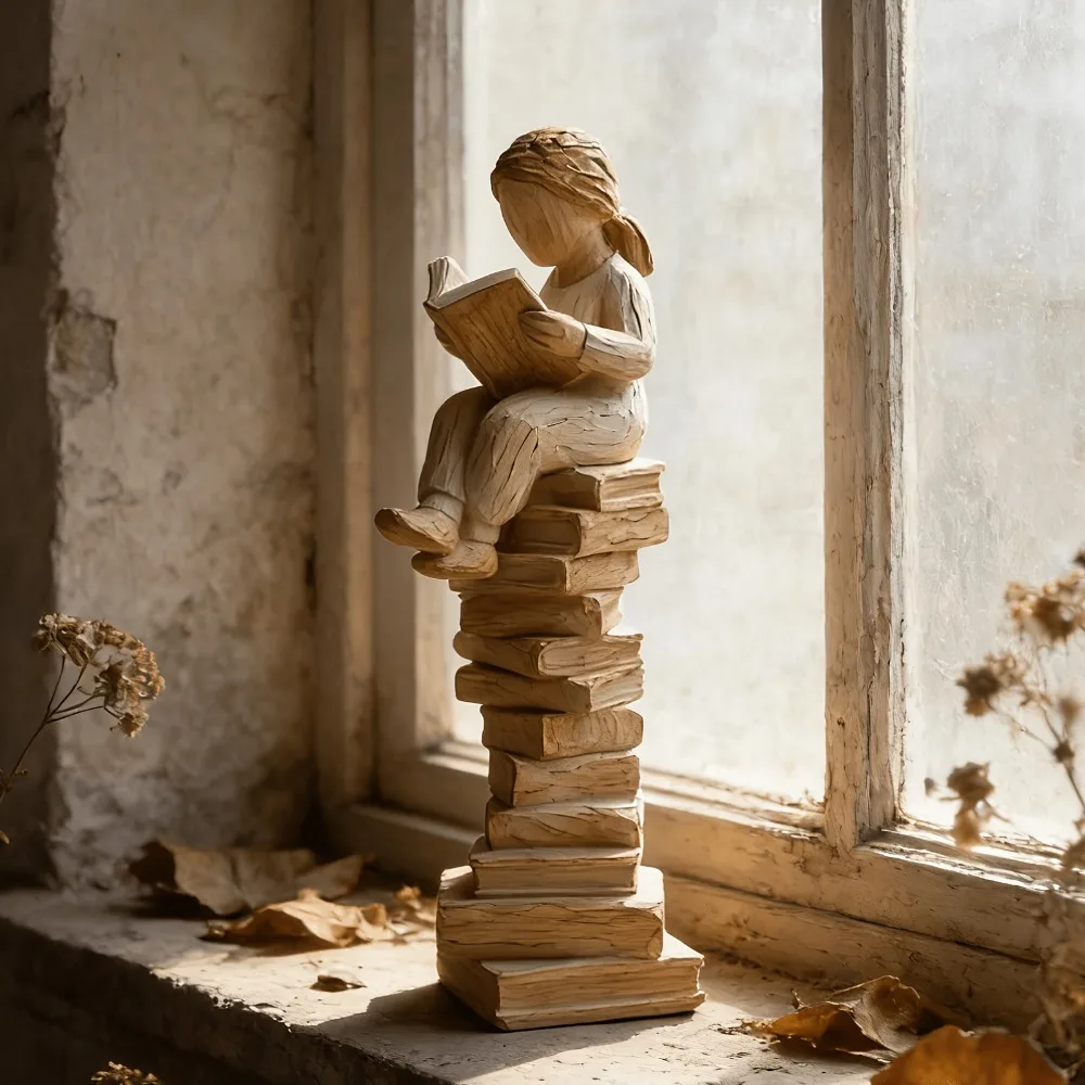 Imitation Woodcut Female Reader Statue Ornament Inspirational Ornament Gift for Book Loving Women Reading Decoration Bookshelves