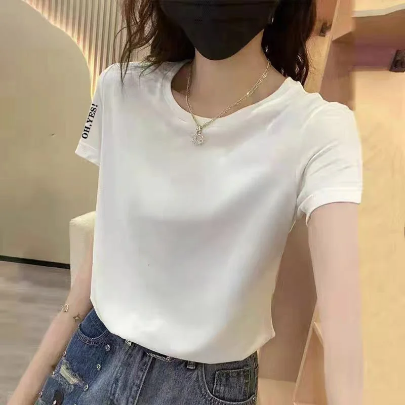 Camiseta Holgada de Algodón para Mujer, Cuello Redondo, Versátil, Talla Grande, Estilo Coreano, Informal, para Verano