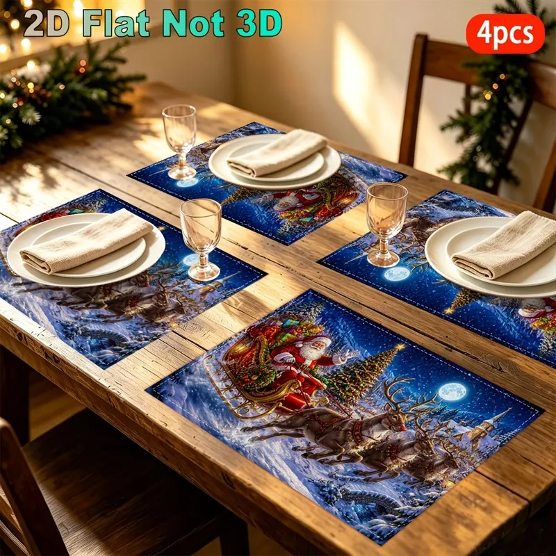 VIKAMA Christmas Linen Placemats, Santa Sleigh Reindeer Snowy Village, Machine Washable, Holiday Dinner