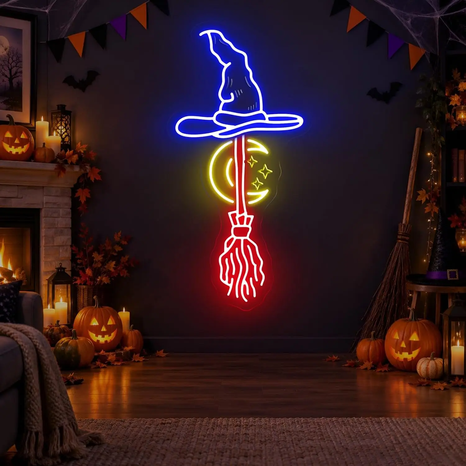 Witch Hat And Broom LED Neon Sign Halloween Witch Neon Light USB Wall Hanging Lamp for Party Bedroom Window Home Decor Gift