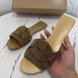 TRAF donna Chic oro strass appartamenti 2024 estate sandali eleganti moda Casual Plus Size pantofole infradito da spiaggia femminile