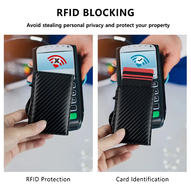Carbon Fiber Credit Card Holder Men's RFID Blocking Smart Metal Thin Slim Pop Up Minimalist Wallet Small Purse Metal Coin Bag image 6