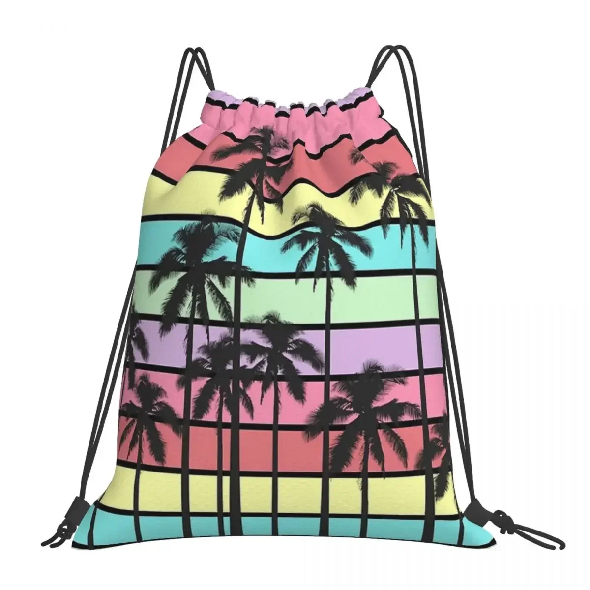 Colorful Summer Stripes With Tropical Palm Trees Backpacks Drawstring Bags Drawstring Bundle Pocket Sports Bag BookBag