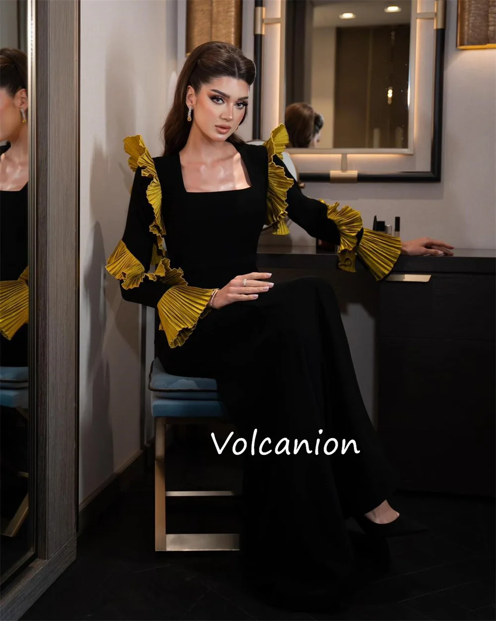 Customized Exquisite Jersey Pleat Straight Square Neck Long Dresses Bespoke Occasion Classic High Quality