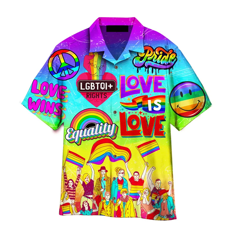 LGBT Gay Pride Hawaiian Shirt For Men Women Summer Street 3d Printed Shirts Love Is Love Lapel Short Sleeves Y2k Button Blouse