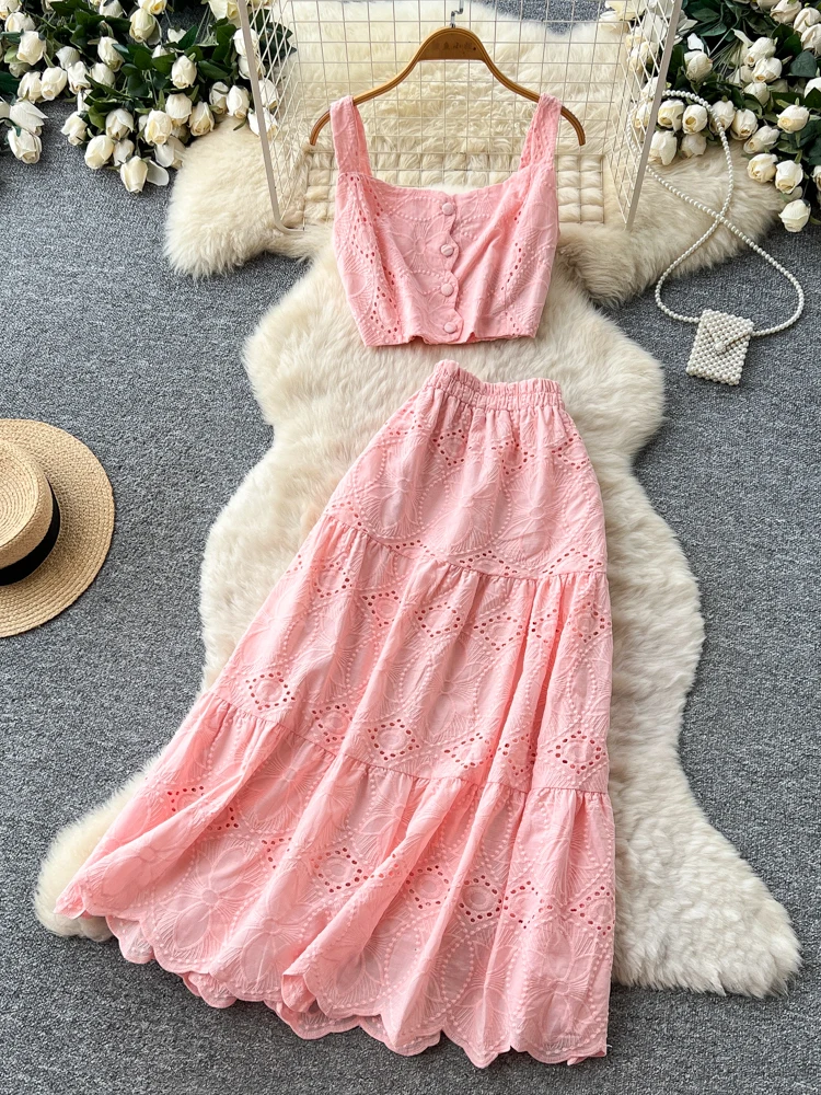 

Elegant Hollow out Embroidery Crop Top And High Waist Skirt Two Piece Set for Women Summer Fashion Outfit Slimming Style