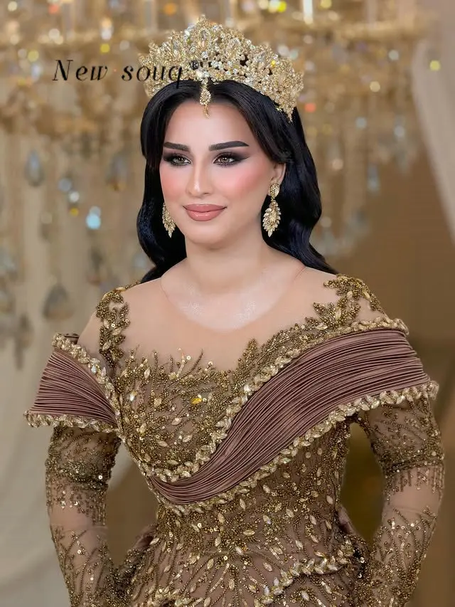 Arabic Turkey Abiye Brown 2 in 1 Muslim Heavy Crystals Wedding Prom Dresses Customized Luxury Formal Events Evening Gowns