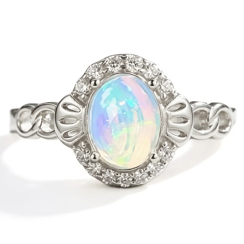 1pc 57mm Natural Opal, S925 Sterling Silver Ring | Play-of-Color | Minimalist | Black Friday, Thanksgiving, Christmas Gifts 029