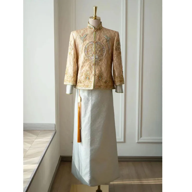 الرجال Xiuhe تانغ الملابس الصينية حفل زفاف مأدبة Tangsuit الذكور التطريز Hanfu التقليد سترة طويلة الأكمام زي