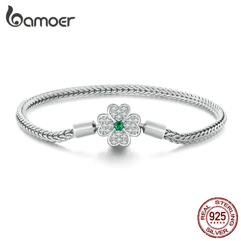 Bamoer 925 Sterling Silver Four-Leaf Clover Snake Basic Bracelet Pave Setting CZ for Women Beads and Charms DIY Fine Jewelry