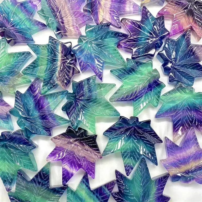 4.5CM Natural Rainbow Fluorite Maple Leaf Crystal Carving Crafts DIY Home Decoration Healthy Children Toy Gift 1pcs