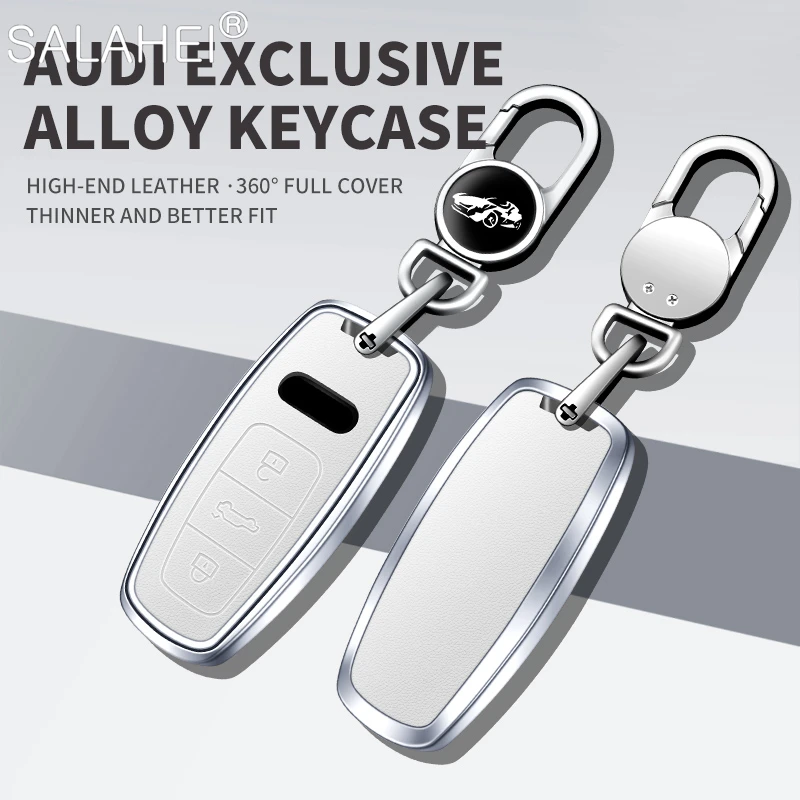 Aluminum Alloy Leather Car Remote Key Fob Case Cover Shell For Audi A6 A7 A8 E-tron Q5 Q8 C8 D5 Keyless Keychain Accessories