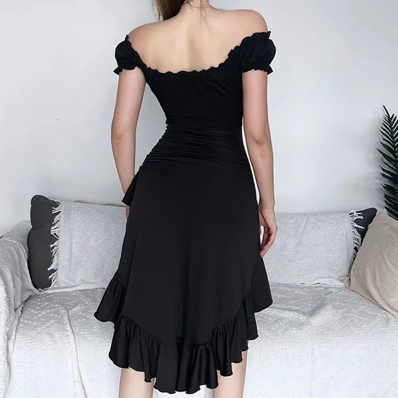 Summer Black A-LINE Dress Women Streetwear Sexy Off Shoulder Short Sleeves Ruffled Mid Length Dresses Club Elegant Partywear