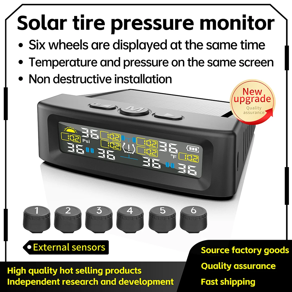 Solar TPMS Car Tire Pressure Alarm Digital Colorful Display 6 External Sensors Waterproof Tire Pressure Temperature Warning