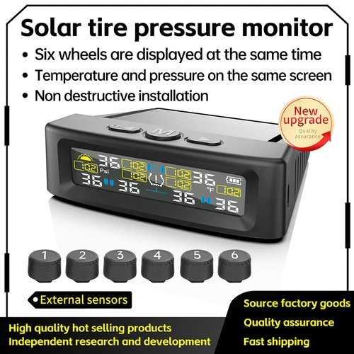 Imagen 1 del producto Alarma de presión de neumáticos de coche TPMS Solar pantalla Digital colorida 4 o 6 sensores externos advertencia de temperatura de presión de neumáticos impermeable