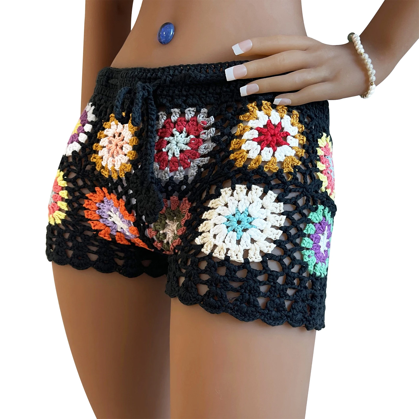 

Women's Knit Crochet Shorts Casual Hollow Out Elastic Waist Drawstring Short Pants Lounge Shorts for Summer