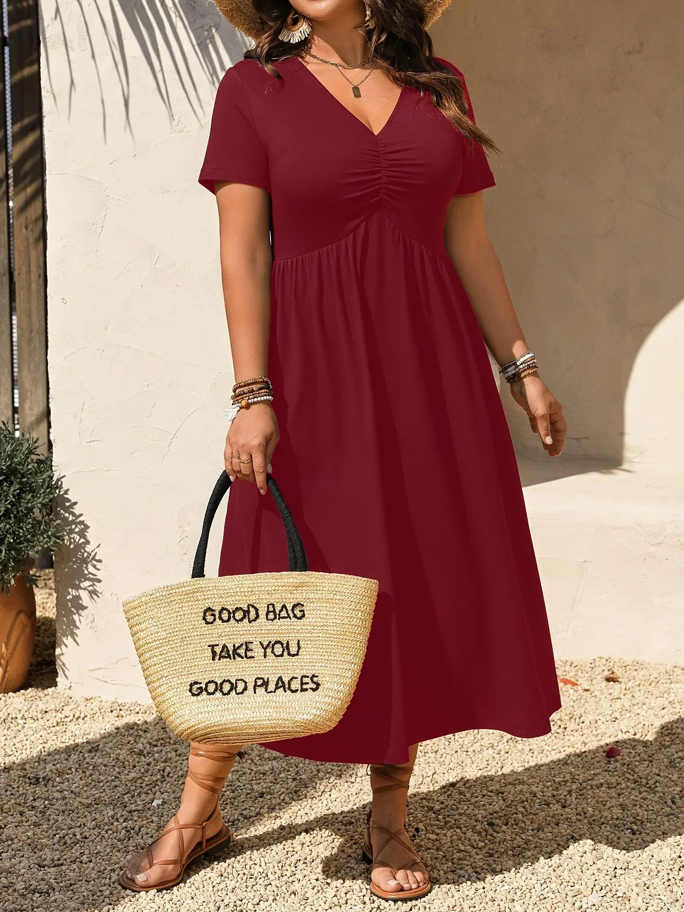 Plus-Size Damen Einfarbiges Midikleid V-Ausschnitt Kurzarm Gerafftes Elastisches Gewebe Lässige Lange Kleider für Damen – Detail 7