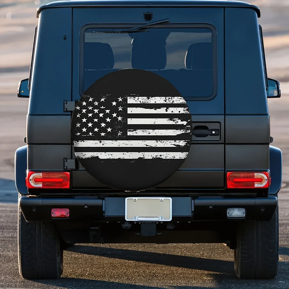 Capa de pneu de carro com bandeira americana patriótica, poliéster adequado, aparência escovada angustiada com design de estrelas e listras, fundo preto, 1 peça