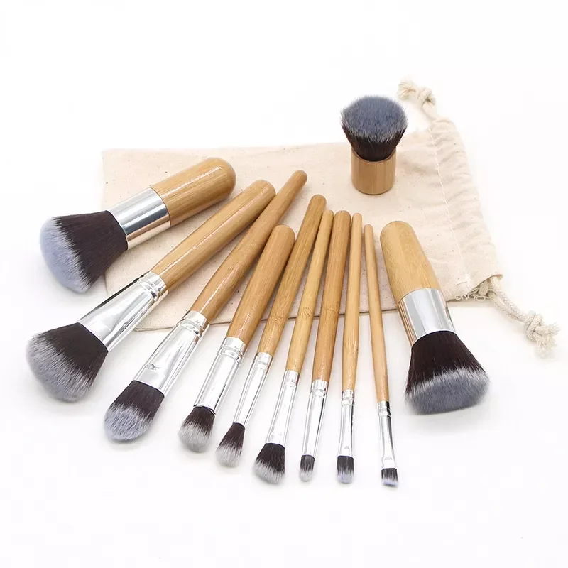 11Pcs Bamboo handle makeup brush with linen bag, bamboo handle makeup brush set, beauty tools