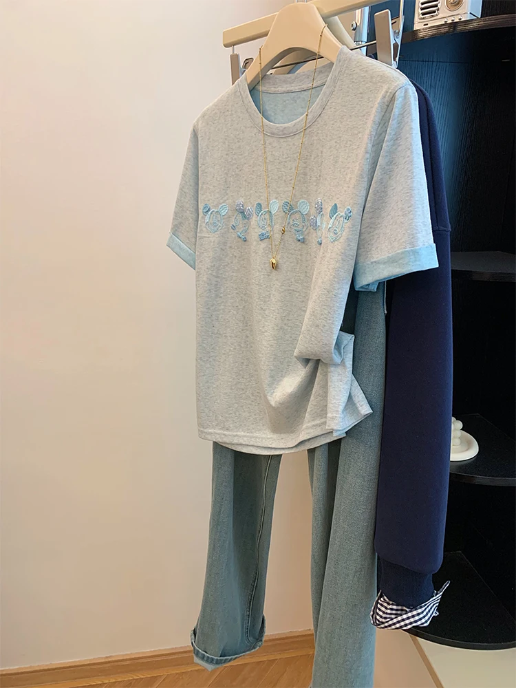 

ay Embroidered ort Sve T-irt Women's Faion oulder Loose Korean Sle Summer New Design Anti-Aging Top