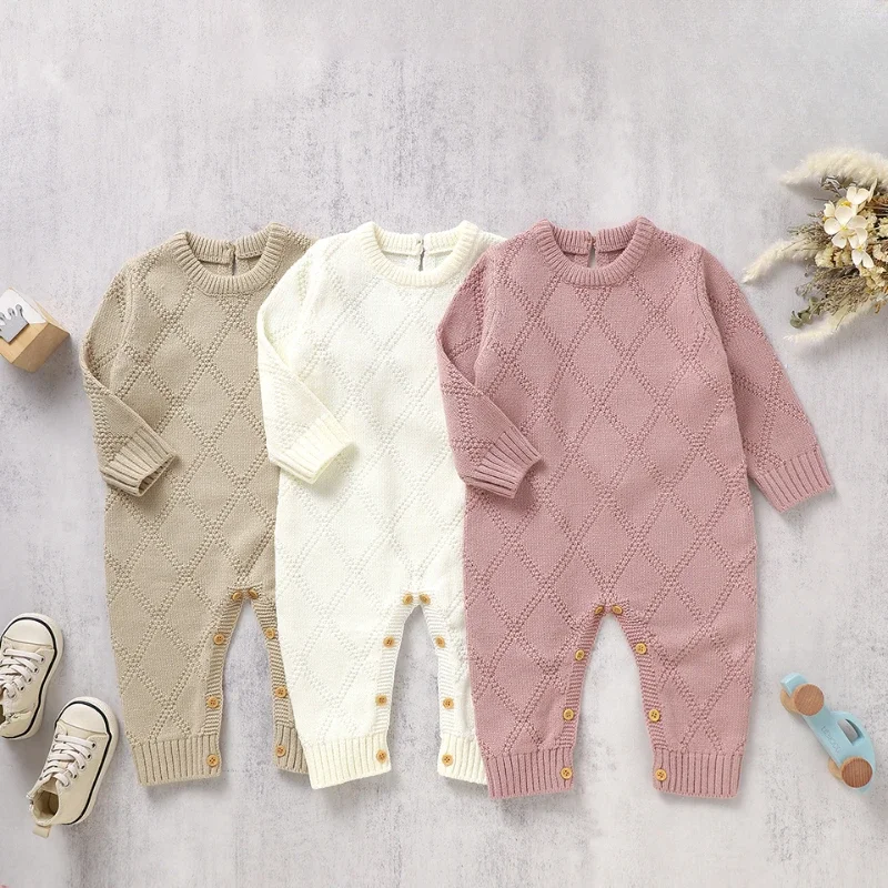 Spring Autumn Outwear Newborn Boys Girls Knit Jumpsuits Winter Soft Overalls Solid Color Long Sleeves Baby Rompers Clothes 0-18m