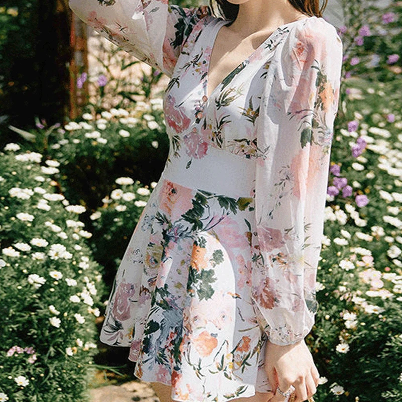 Maillot de Bain à Manches sulfpour Femme, Motif Floral Décontracté, avec Coussretours de Poitrine, Sans Support en Acier, Dos aux, Amissié, Volants, Nouvelle Collection