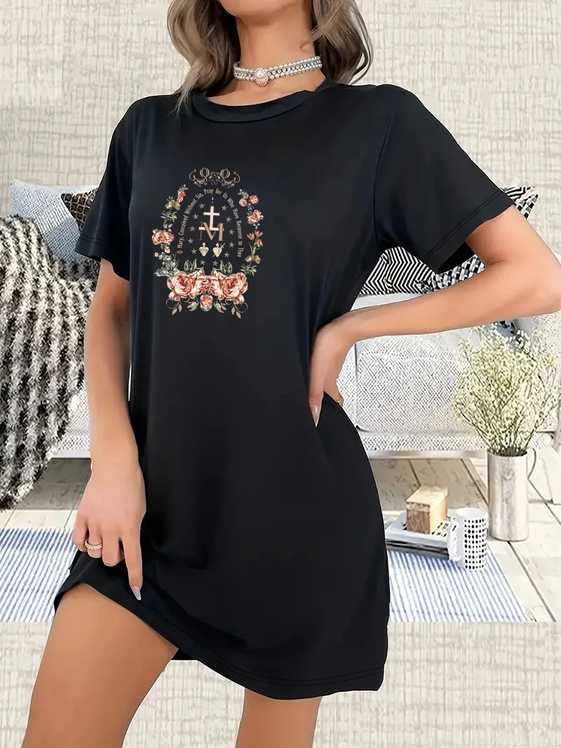 Marian Catholic Print Graphic Drop Shoulder T-Shirt Summer Mid-Length Fashion Dress