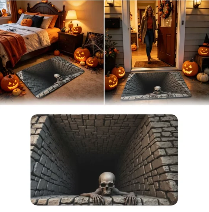 Holiday Decoration 3D Halloween Optical Illusion Skeleton Doormat Terrifying Funny Skull Bone Hand Patterns Entrance Door Mat