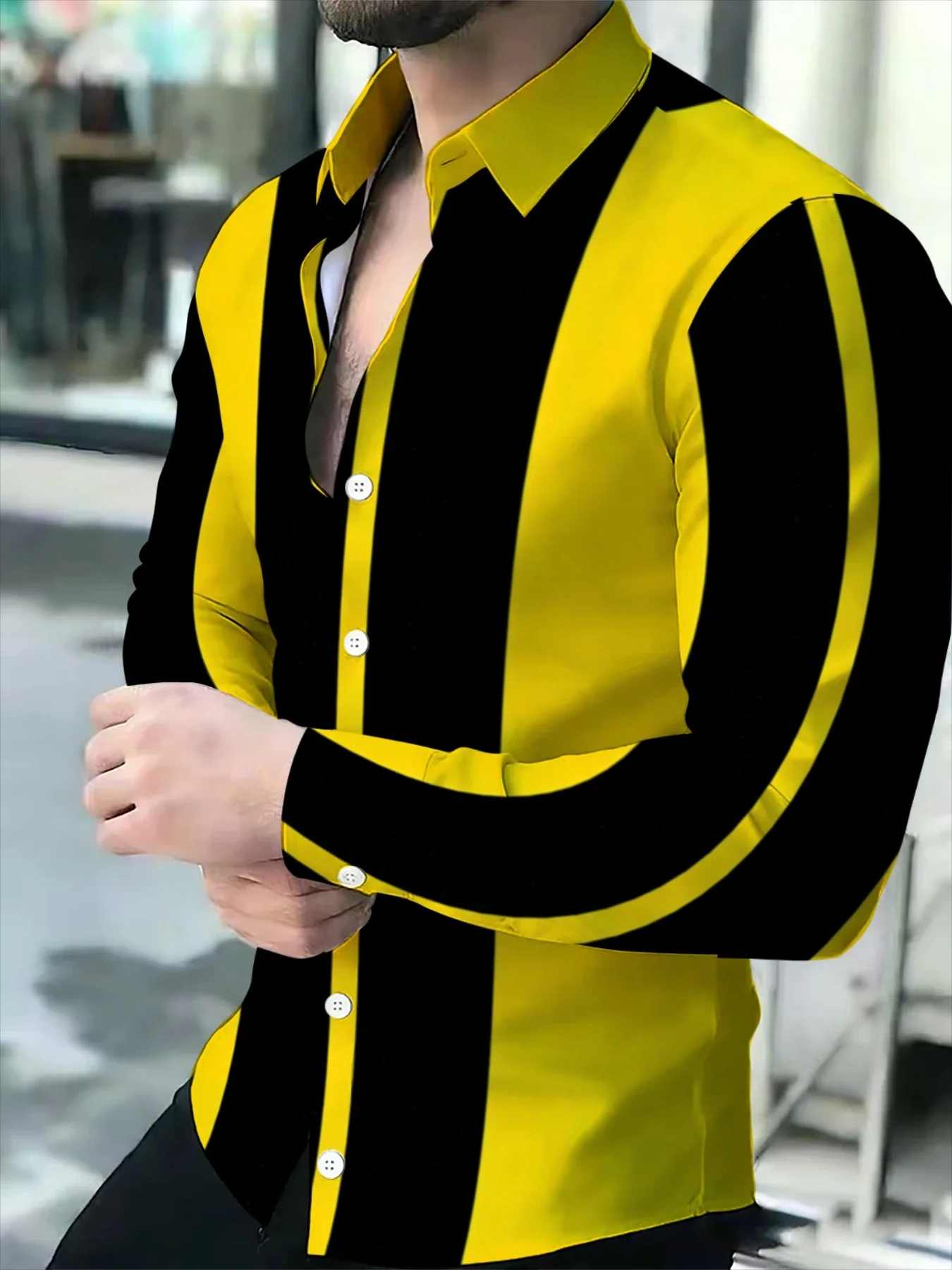 Men Yellow Black Vertical Stripe Print Long Sleeve Shirt Turn‑Down Collar Button‑Up Polyester Street Blouse