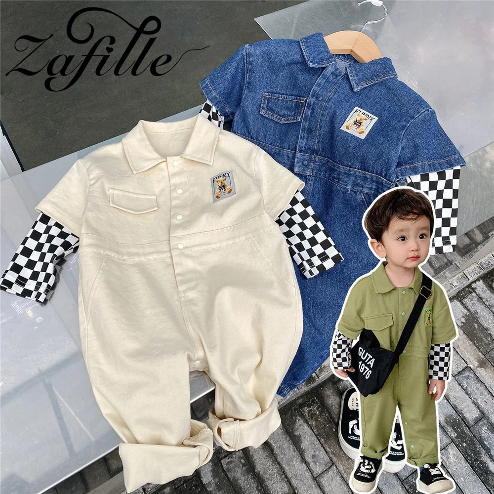 

ZAFILLE 2022 Fashionable Kids Boys Overalls Patchwork Baby's Rompers Fake Two Outfits For Boys Girls Denim Children's Clothing