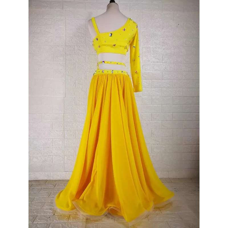customized handmade custom performance costume belly dancewear set practice bellydance costume yellow bras tops long skirt