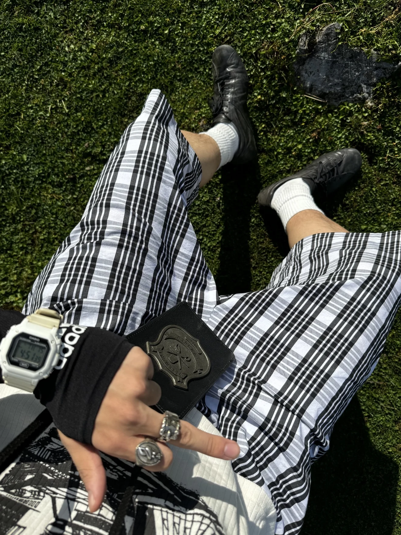 American Street Style Black White Plaid Drawstring Seven-Foot Pants Unisex Summer Casual Commute Loose Mid-Pants