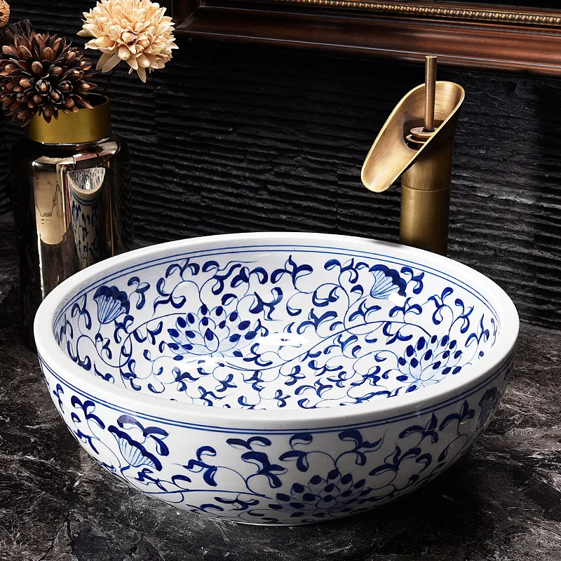 Traditional Blue and White Porcelain Hand Painted Flower Decor Ceramic Counter Top Wash Basin Bathroom Vessel Sink Lavabo Bowl